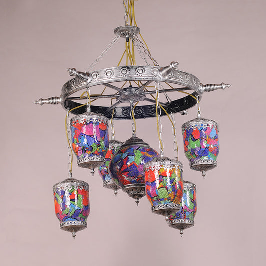 7 Bulbs Purple Glass Chandelier Pendant Art Deco Bronze Gyroscope Restaurant Hanging Lamp with Rudder Accent Clearhalo 'Ceiling Lights' 'Chandeliers' Lighting' options 367925