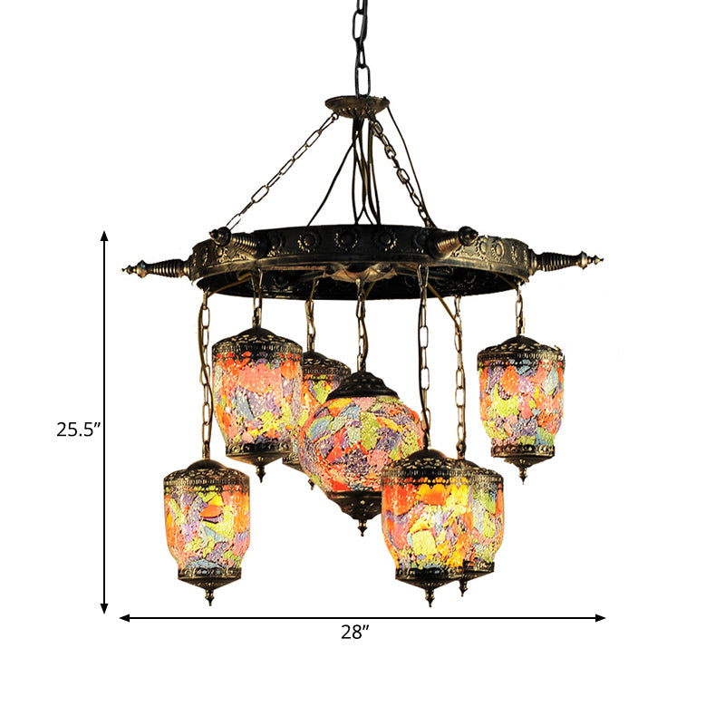 7 Bulbs Purple Glass Chandelier Pendant Art Deco Bronze Gyroscope Restaurant Hanging Lamp with Rudder Accent Clearhalo 'Ceiling Lights' 'Chandeliers' Lighting' options 367926