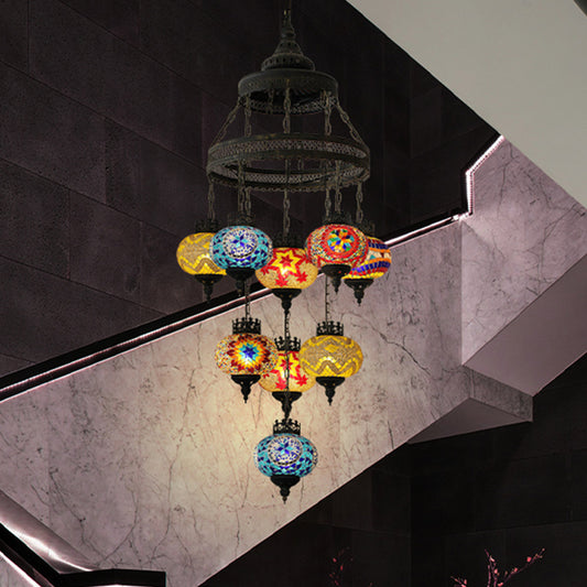 Stained Glass Lantern Pendant Lighting Bohemia Style 9 Bulbs Coffee House Ceiling Chandelier in Black Clearhalo 'Ceiling Lights' 'Chandeliers' Lighting' options 367928