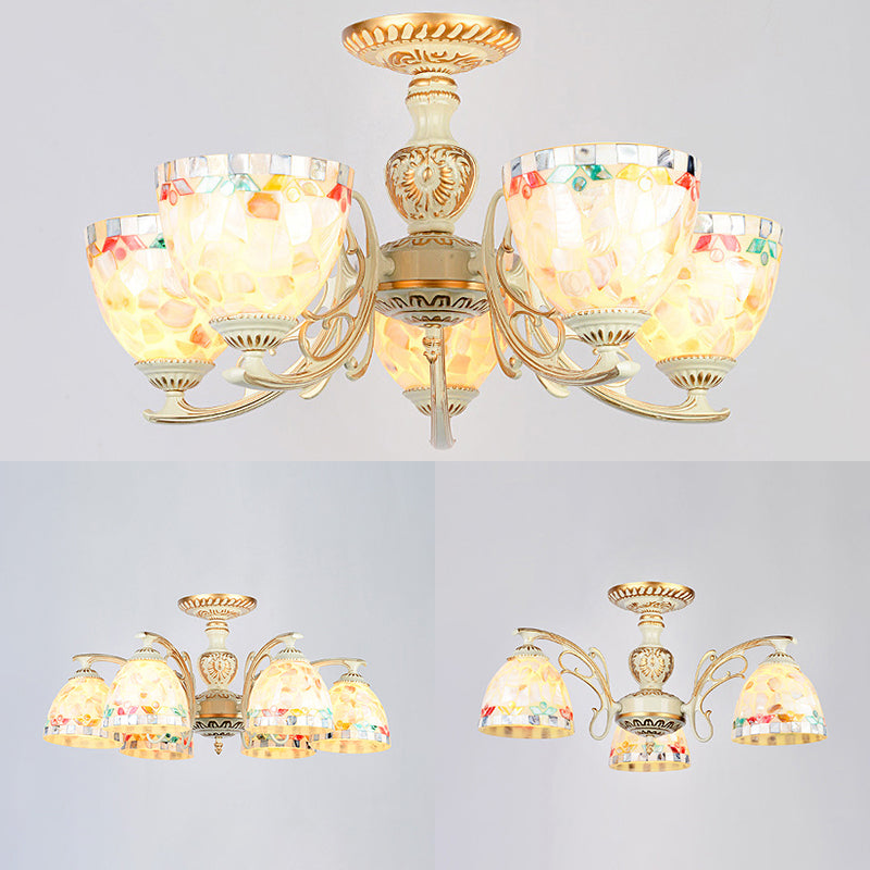 3/5/6 Lights Bowl Ceiling Light Fixture Traditional Shell Chandelier Lighting in Beige for Dining Room Clearhalo 'Ceiling Lights' 'Chandeliers' 'Close To Ceiling Lights' 'Close to ceiling' 'Glass shade' 'Glass' 'Semi-flushmount' 'Tiffany close to ceiling' 'Tiffany' Lighting' 36793