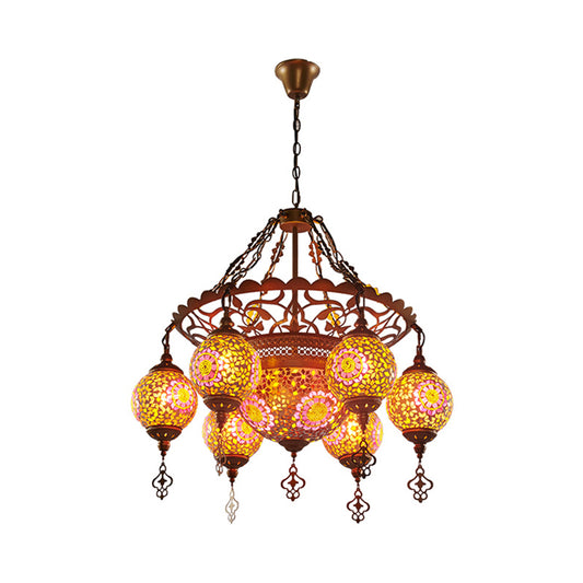 Brass Lantern Chandelier Lamp Traditional Stained Glass 9 Heads Restaurant Suspension Pendant Light Clearhalo 'Ceiling Lights' 'Chandeliers' Lighting' options 367935