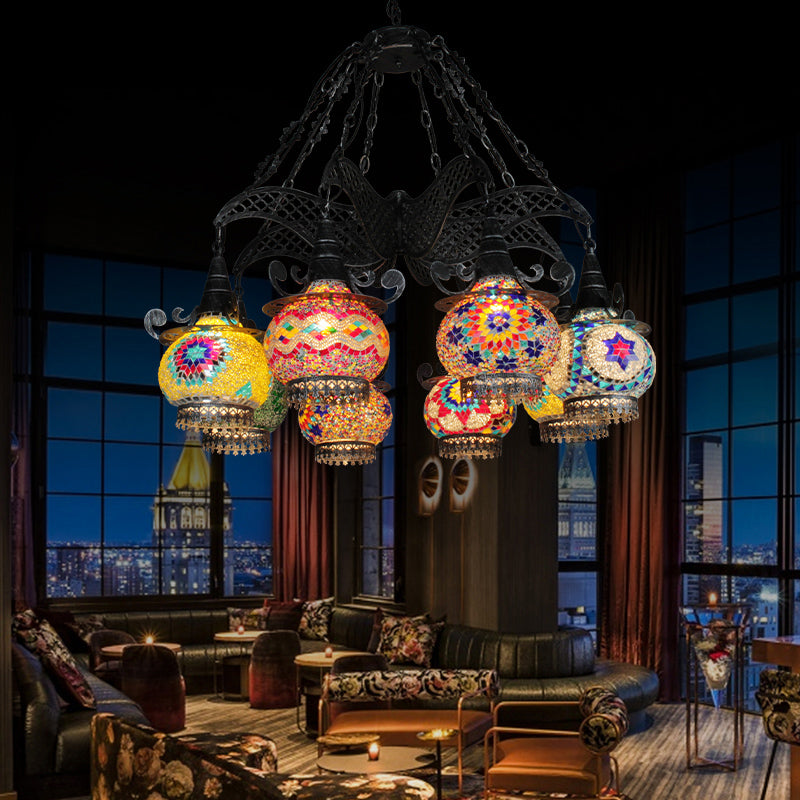 Stained Glass Black Hanging Chandelier Lantern 26"/33.5" Wide 8 Bulbs Art Deco Down Lighting Pendant Black 33.5" Clearhalo 'Ceiling Lights' 'Chandeliers' Lighting' options 367938_df3f7a50-23fa-4094-a170-95f89304fe0c