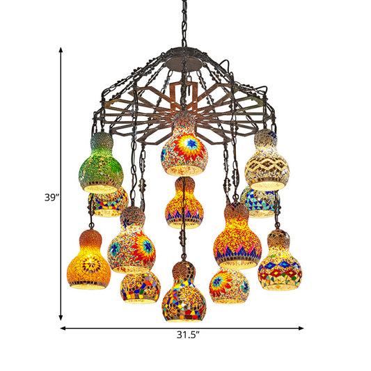 13 Lights Gourd Pendant Chandelier Bohemia Antique Black Stained Glass Hanging Light Kit Clearhalo 'Ceiling Lights' 'Chandeliers' Lighting' options 367951