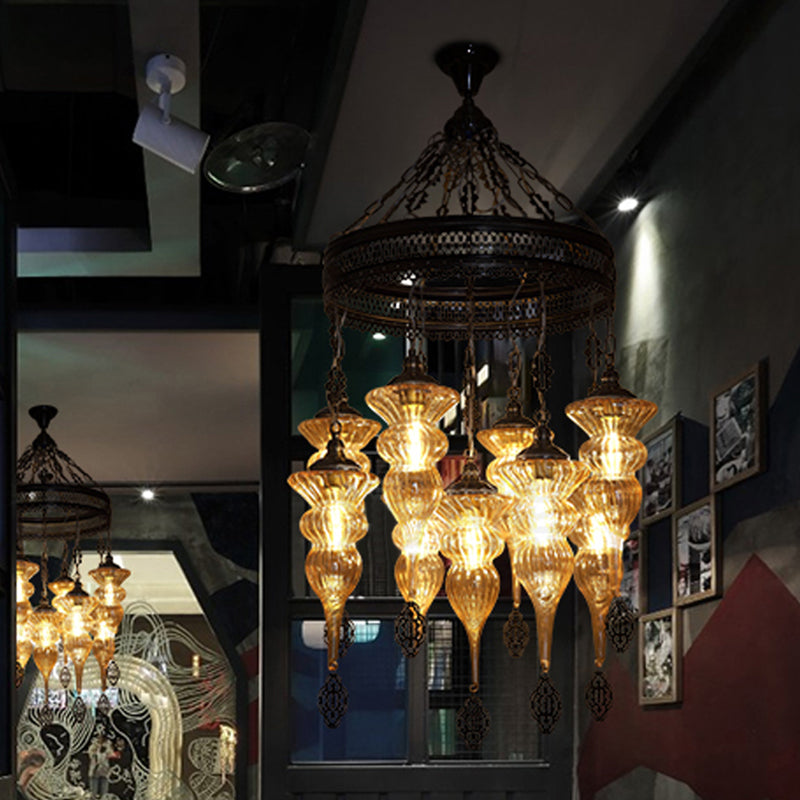 9 Bulbs Pendant Chandelier Traditional Coffee Shop Suspension Lighting Fixture with Jar Tan Ribbing Glass Shade Tan Clearhalo 'Ceiling Lights' 'Chandeliers' Lighting' options 367967_ae1cd726-98fe-4f1d-bec8-e4a33566b22a