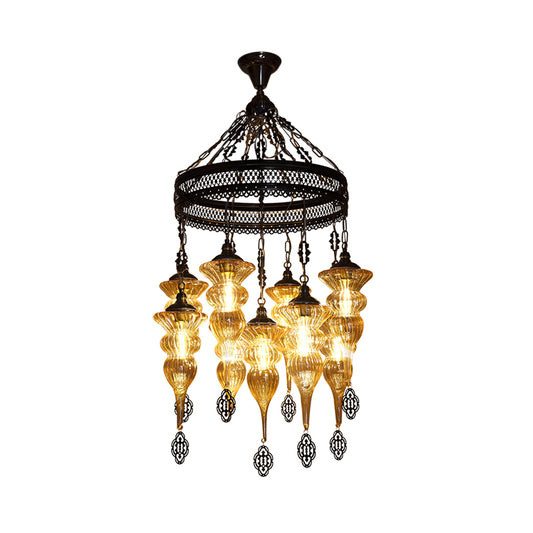 9 Bulbs Pendant Chandelier Traditional Coffee Shop Suspension Lighting Fixture with Jar Tan Ribbing Glass Shade Clearhalo 'Ceiling Lights' 'Chandeliers' Lighting' options 367969