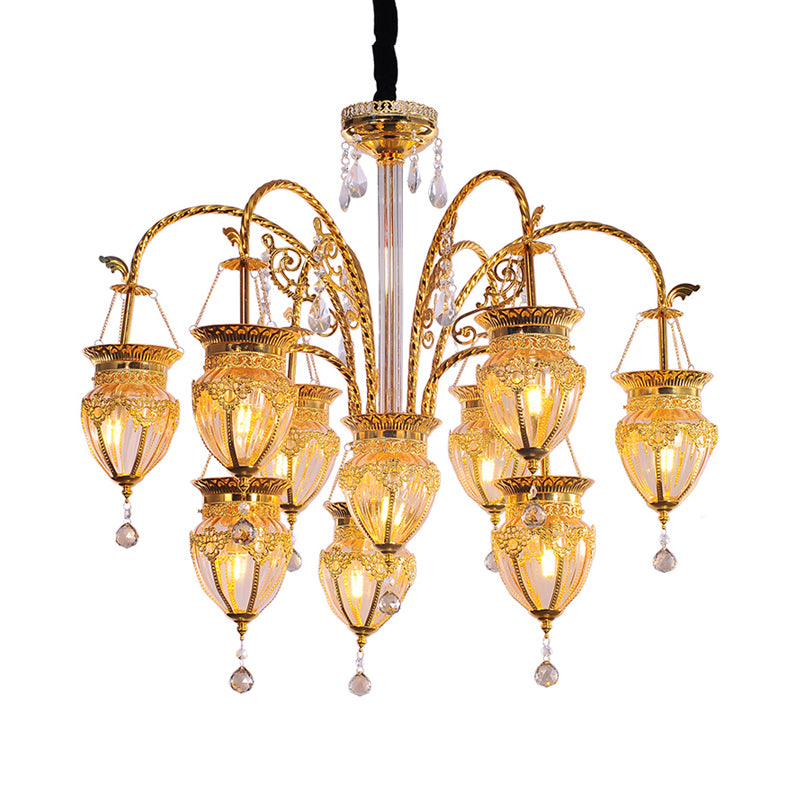 Gold Urn Ceiling Chandelier Art Deco Tan Prismatic Glass 10 Heads Living Room Suspension Pendant with Crystal Accent Clearhalo 'Ceiling Lights' 'Chandeliers' Lighting' options 367975