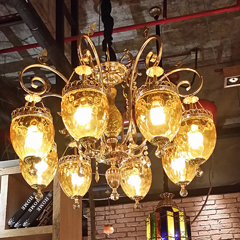 8 Bulbs Urn Pendant Chandelier Traditional Gold Dimpled Glass Hanging Ceiling Light for Restaurant Clearhalo 'Ceiling Lights' 'Chandeliers' Lighting' options 367977