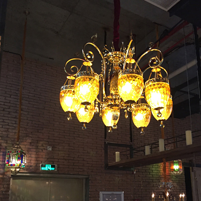 8 Bulbs Urn Pendant Chandelier Traditional Gold Dimpled Glass Hanging Ceiling Light for Restaurant Clearhalo 'Ceiling Lights' 'Chandeliers' Lighting' options 367979