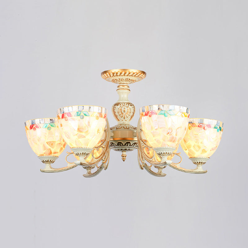 3/5/6 Lights Bowl Ceiling Light Fixture Traditional Shell Chandelier Lighting in Beige for Dining Room Clearhalo 'Ceiling Lights' 'Chandeliers' 'Close To Ceiling Lights' 'Close to ceiling' 'Glass shade' 'Glass' 'Semi-flushmount' 'Tiffany close to ceiling' 'Tiffany' Lighting' 36798