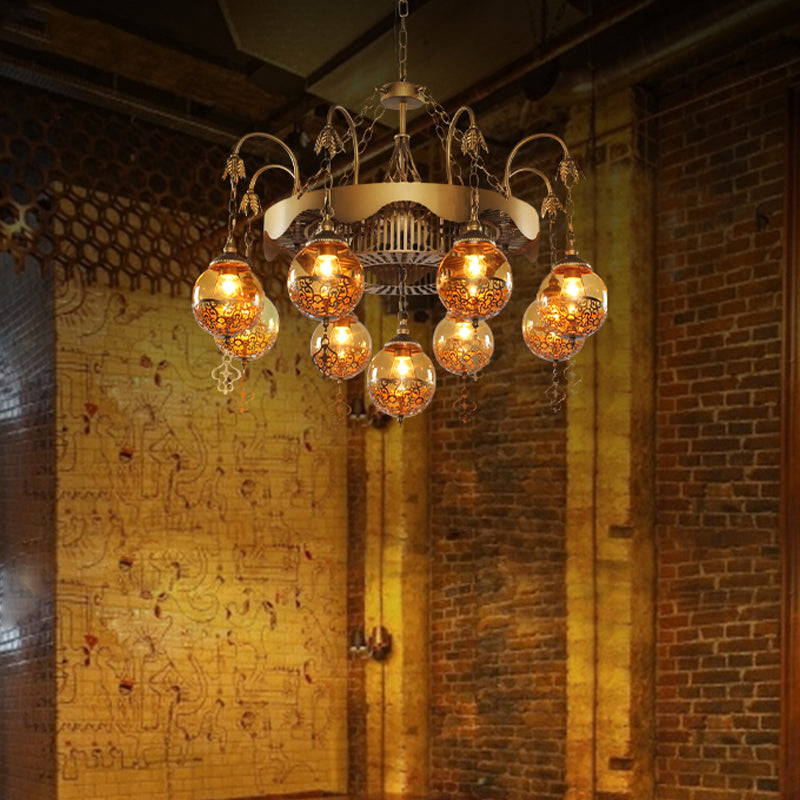 Traditional Ball Chandelier Lighting 9 Heads Tan Glass Suspension Pendant Lamp for Restaurant Tan Clearhalo 'Ceiling Lights' 'Chandeliers' Lighting' options 367982_4fe62720-582a-4f00-a869-8669f5083654