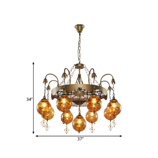 Traditional Ball Chandelier Lighting 9 Heads Tan Glass Suspension Pendant Lamp for Restaurant Clearhalo 'Ceiling Lights' 'Chandeliers' Lighting' options 367986