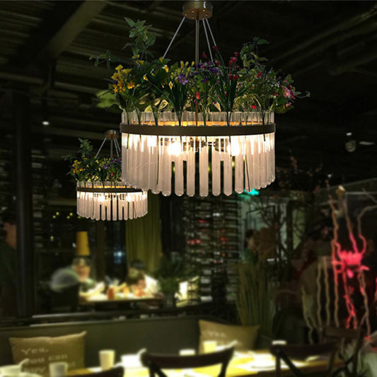 1/2-Tier Restaurant Chandelier Light Industrial Metal 4 Bulbs Green Plant Pendant Lighting Fixture, 19.5"/29.5" W Green Clearhalo 'Ceiling Lights' 'Chandeliers' 'Industrial Chandeliers' 'Industrial' 'Middle Century Chandeliers' 'Tiffany' Lighting' 368009