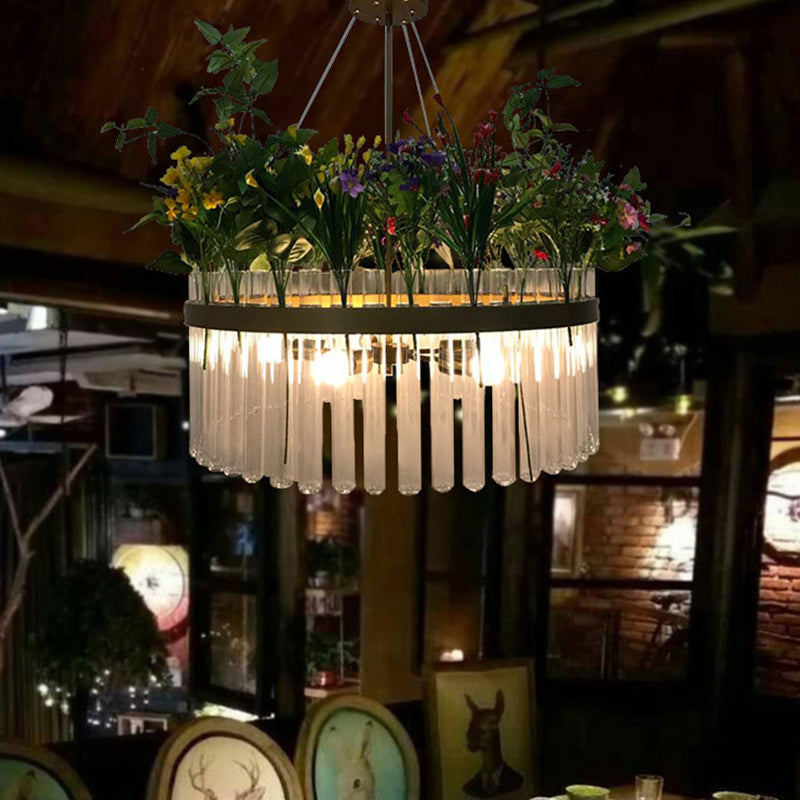 1/2-Tier Restaurant Chandelier Light Industrial Metal 4 Bulbs Green Plant Pendant Lighting Fixture, 19.5"/29.5" W Clearhalo 'Ceiling Lights' 'Chandeliers' 'Industrial Chandeliers' 'Industrial' 'Middle Century Chandeliers' 'Tiffany' Lighting' 368010