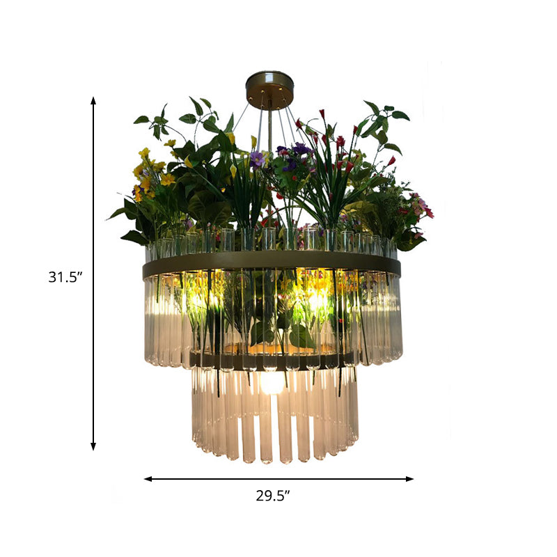 1/2-Tier Restaurant Chandelier Light Industrial Metal 4 Bulbs Green Plant Pendant Lighting Fixture, 19.5"/29.5" W Clearhalo 'Ceiling Lights' 'Chandeliers' 'Industrial Chandeliers' 'Industrial' 'Middle Century Chandeliers' 'Tiffany' Lighting' 368016