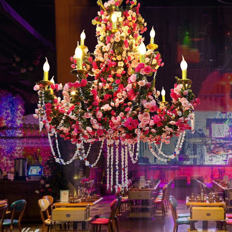 Antique Candle Ceiling Chandelier 8 Bulbs Metal LED Flower Drop Lamp in Pink for Restaurant Clearhalo 'Cast Iron' 'Ceiling Lights' 'Chandeliers' 'Industrial Chandeliers' 'Industrial' 'Metal' 'Middle Century Chandeliers' 'Rustic Chandeliers' 'Tiffany' Lighting' 368027