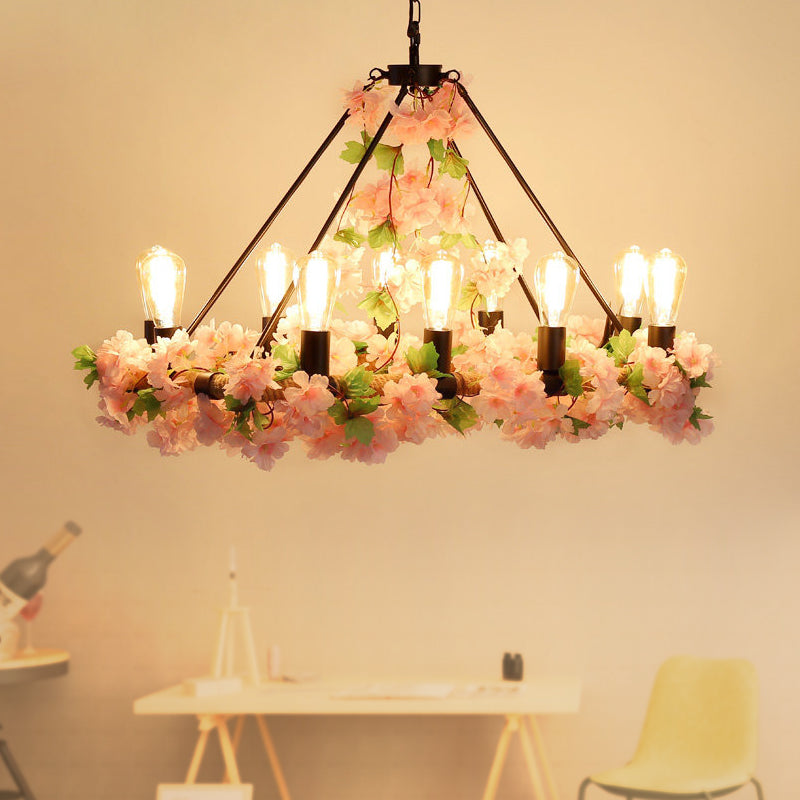 Industrial Leaf/Flower Island Lighting 10 Bulbs Metal LED Pendant Light in Pink/Green for Restaurant Pink Clearhalo 'Ceiling Lights' 'Island Lights' Lighting' 368144