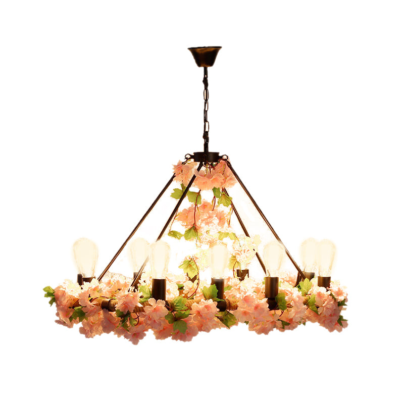 Industrial Leaf/Flower Island Lighting 10 Bulbs Metal LED Pendant Light in Pink/Green for Restaurant Clearhalo 'Ceiling Lights' 'Island Lights' Lighting' 368145