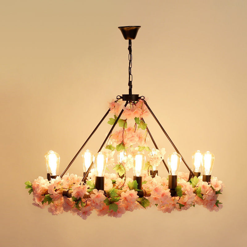 Industrial Leaf/Flower Island Lighting 10 Bulbs Metal LED Pendant Light in Pink/Green for Restaurant Clearhalo 'Ceiling Lights' 'Island Lights' Lighting' 368146