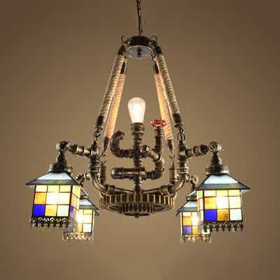 Pipe Hanging Chandelier with Gear Rustic Lodge Multi Light Stained Glass Suspension Light with Star/House Shape Antique Bronze House Clearhalo 'Ceiling Lights' 'Chandeliers' 'Industrial' 'Middle Century Chandeliers' 'Tiffany Chandeliers' 'Tiffany close to ceiling' 'Tiffany' Lighting' 36880