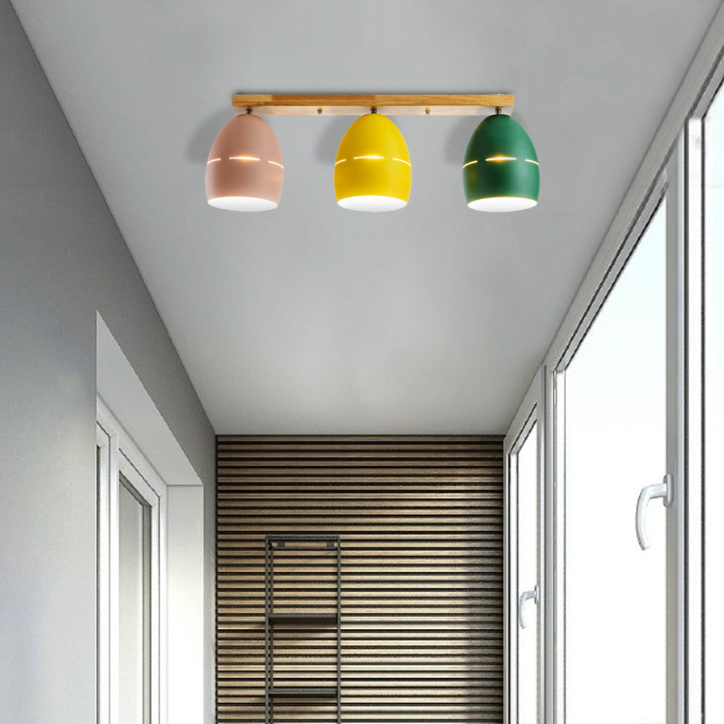 3 Lights Linear Semi Flushmount Light with Oval Metal Shade Nordic Semi-Flush Ceiling Light in Wood Finish Green-Yellow-Pink Clearhalo 'Ceiling Lights' 'Close To Ceiling Lights' 'Close to ceiling' 'Flush mount' Lighting' 369011