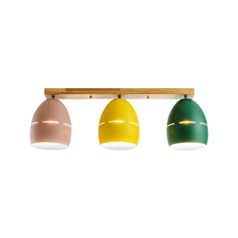 3 Lights Linear Semi Flushmount Light with Oval Metal Shade Nordic Semi-Flush Ceiling Light in Wood Finish Clearhalo 'Ceiling Lights' 'Close To Ceiling Lights' 'Close to ceiling' 'Flush mount' Lighting' 369012