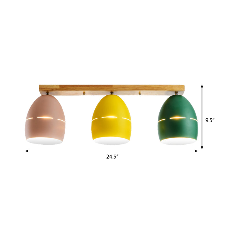 3 Lights Linear Semi Flushmount Light with Oval Metal Shade Nordic Semi-Flush Ceiling Light in Wood Finish Clearhalo 'Ceiling Lights' 'Close To Ceiling Lights' 'Close to ceiling' 'Flush mount' Lighting' 369013