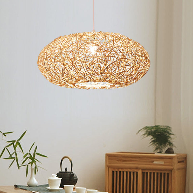 Chinese 1 Bulb Hanging Light Beige Lantern Pendant Lighting Fixture with Bamboo Shade Clearhalo 'Ceiling Lights' 'Pendant Lights' 'Pendants' Lighting' 369014