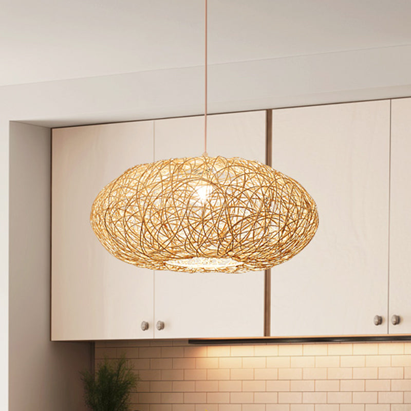 Chinese 1 Bulb Hanging Light Beige Lantern Pendant Lighting Fixture with Bamboo Shade Clearhalo 'Ceiling Lights' 'Pendant Lights' 'Pendants' Lighting' 369015