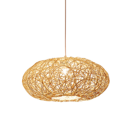 Chinese 1 Bulb Hanging Light Beige Lantern Pendant Lighting Fixture with Bamboo Shade Clearhalo 'Ceiling Lights' 'Pendant Lights' 'Pendants' Lighting' 369017