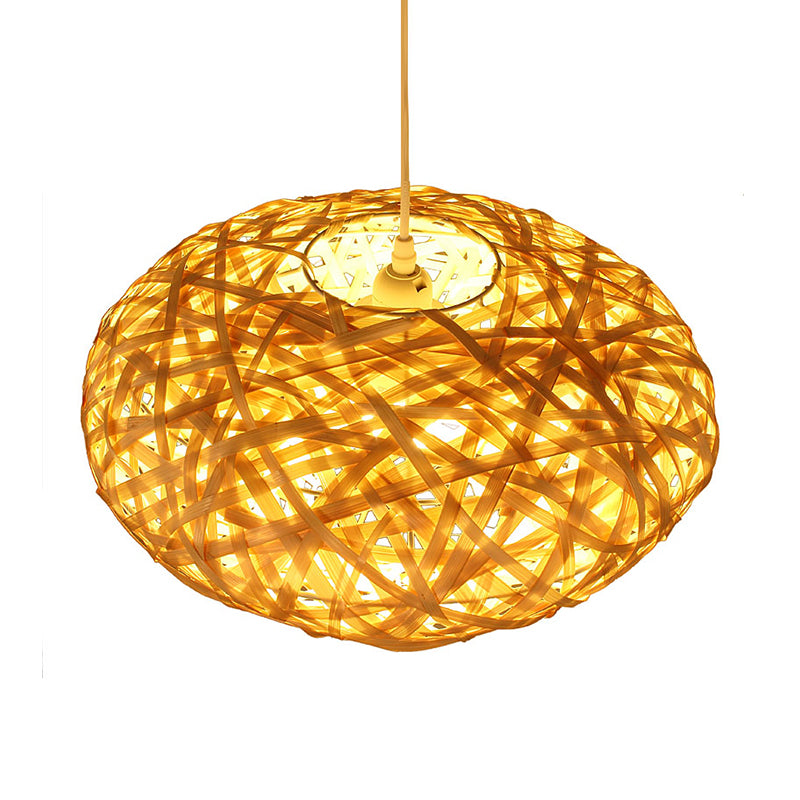 Oval Bamboo Ceiling Lamp Japanese 1 Head Beige Hanging Light Fixture for Restaurant Clearhalo 'Ceiling Lights' 'Pendant Lights' 'Pendants' Lighting' 369021