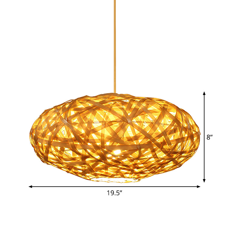 Oval Bamboo Ceiling Lamp Japanese 1 Head Beige Hanging Light Fixture for Restaurant Clearhalo 'Ceiling Lights' 'Pendant Lights' 'Pendants' Lighting' 369023