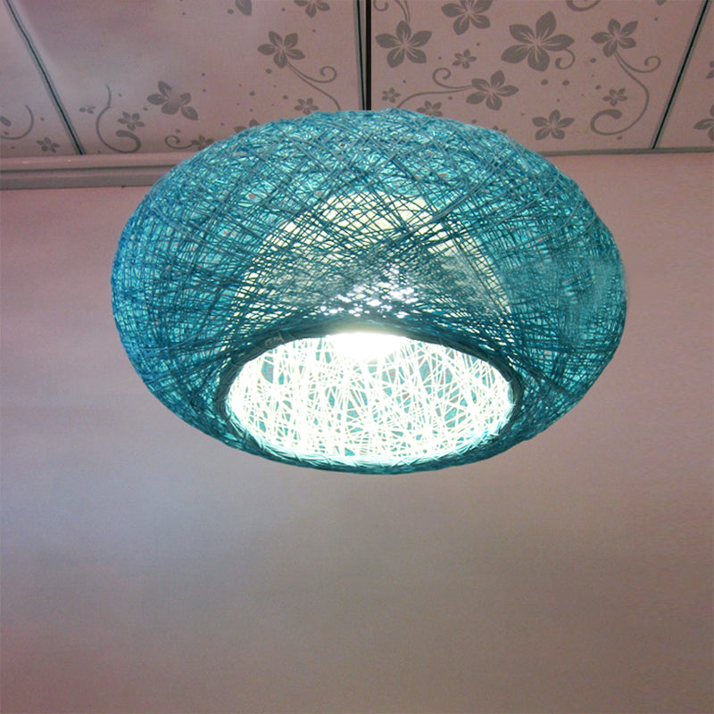 Asian 1 Bulb Pendant Lighting Blue Donut Ceiling Suspension Lamp with Rattan Shade Blue Clearhalo 'Ceiling Lights' 'Pendant Lights' 'Pendants' Lighting' 369046_5b6c083a-4bb3-4719-b9c8-806763cff284