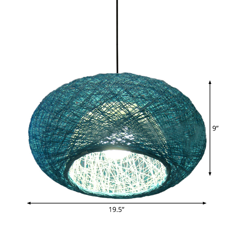 Asian 1 Bulb Pendant Lighting Blue Donut Ceiling Suspension Lamp with Rattan Shade Clearhalo 'Ceiling Lights' 'Pendant Lights' 'Pendants' Lighting' 369050