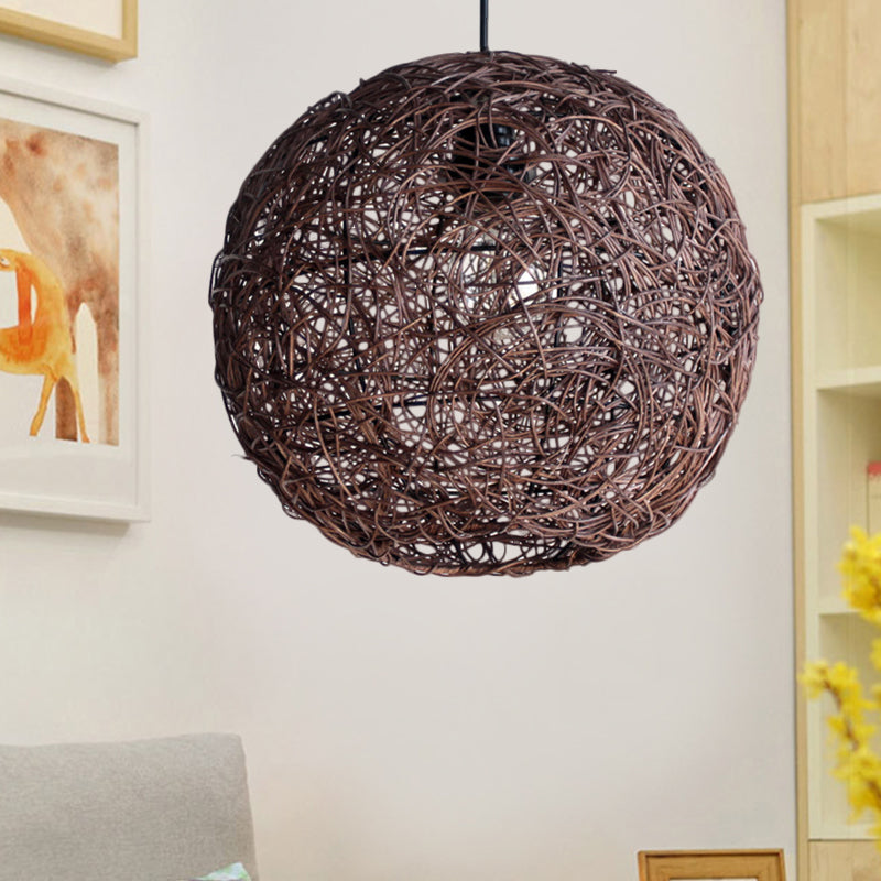 Coffee Globe Hanging Light Asian 1 Bulb Rattan Pendant Lighting Fixture for Bedroom Clearhalo 'Ceiling Lights' 'Pendant Lights' 'Pendants' Lighting' 369056