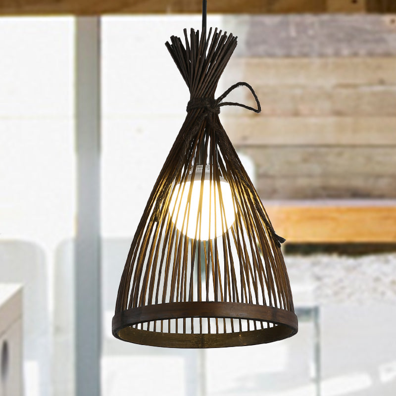 Flared Ceiling Light Asian Bamboo 8.5"/12" Wide 1 Bulb Dark Coffee Pendant Lighting Fixture Clearhalo 'Ceiling Lights' 'Pendant Lights' 'Pendants' Lighting' 369073