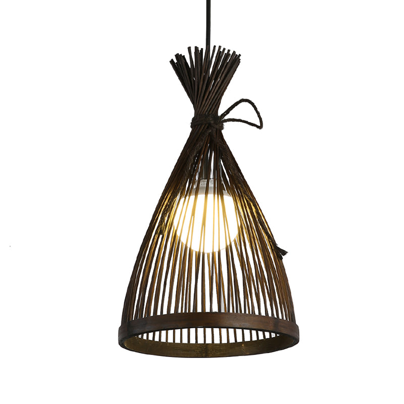 Flared Ceiling Light Asian Bamboo 8.5"/12" Wide 1 Bulb Dark Coffee Pendant Lighting Fixture Clearhalo 'Ceiling Lights' 'Pendant Lights' 'Pendants' Lighting' 369074