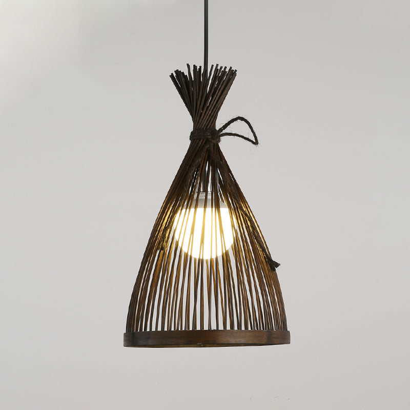 Flared Ceiling Light Asian Bamboo 8.5"/12" Wide 1 Bulb Dark Coffee Pendant Lighting Fixture Clearhalo 'Ceiling Lights' 'Pendant Lights' 'Pendants' Lighting' 369075