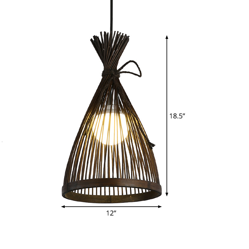 Flared Ceiling Light Asian Bamboo 8.5"/12" Wide 1 Bulb Dark Coffee Pendant Lighting Fixture Clearhalo 'Ceiling Lights' 'Pendant Lights' 'Pendants' Lighting' 369077