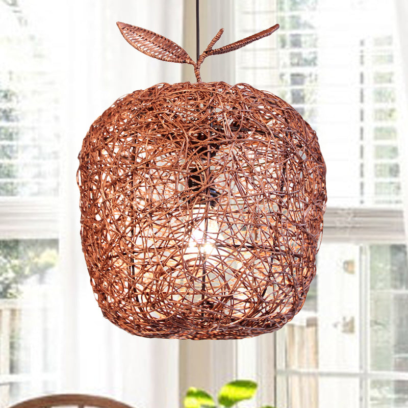 Brown Apple Hanging Lamp Chinese 1 Head Rattan Ceiling Pendant Light for Dining Room Clearhalo 'Ceiling Lights' 'Pendant Lights' 'Pendants' Lighting' 369089