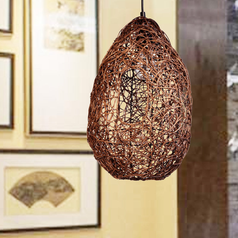 Rattan Hand-Worked Pendant Lighting Japanese 1 Bulb Ceiling Suspension Lamp in Brown Clearhalo 'Ceiling Lights' 'Pendant Lights' 'Pendants' Lighting' 369093