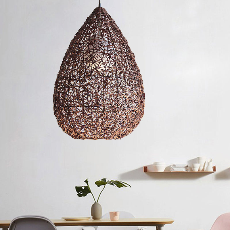 Chinese 1 Bulb Hanging Light Brown Pear Pendant Lighting Fixture with Rattan Shade Clearhalo 'Ceiling Lights' 'Pendant Lights' 'Pendants' Lighting' 369098