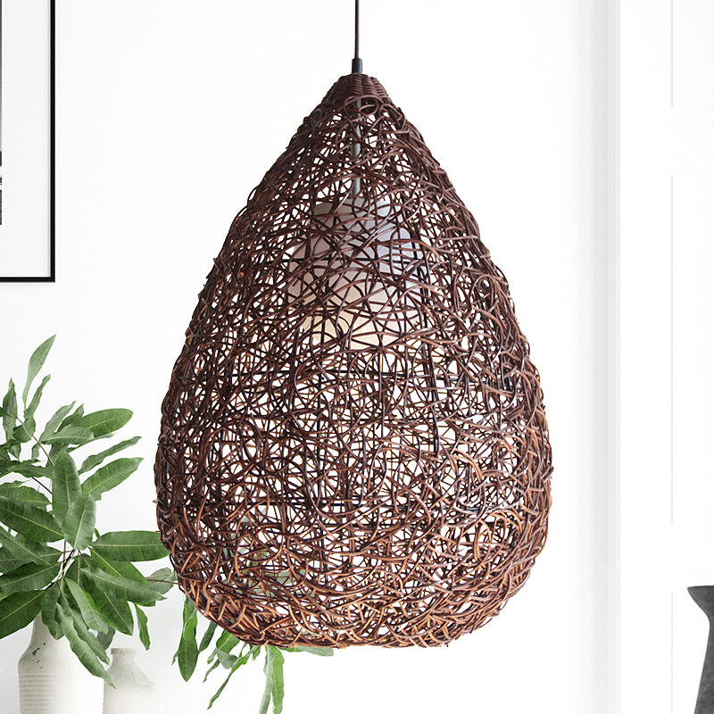 Chinese 1 Bulb Hanging Light Brown Pear Pendant Lighting Fixture with Rattan Shade Clearhalo 'Ceiling Lights' 'Pendant Lights' 'Pendants' Lighting' 369099