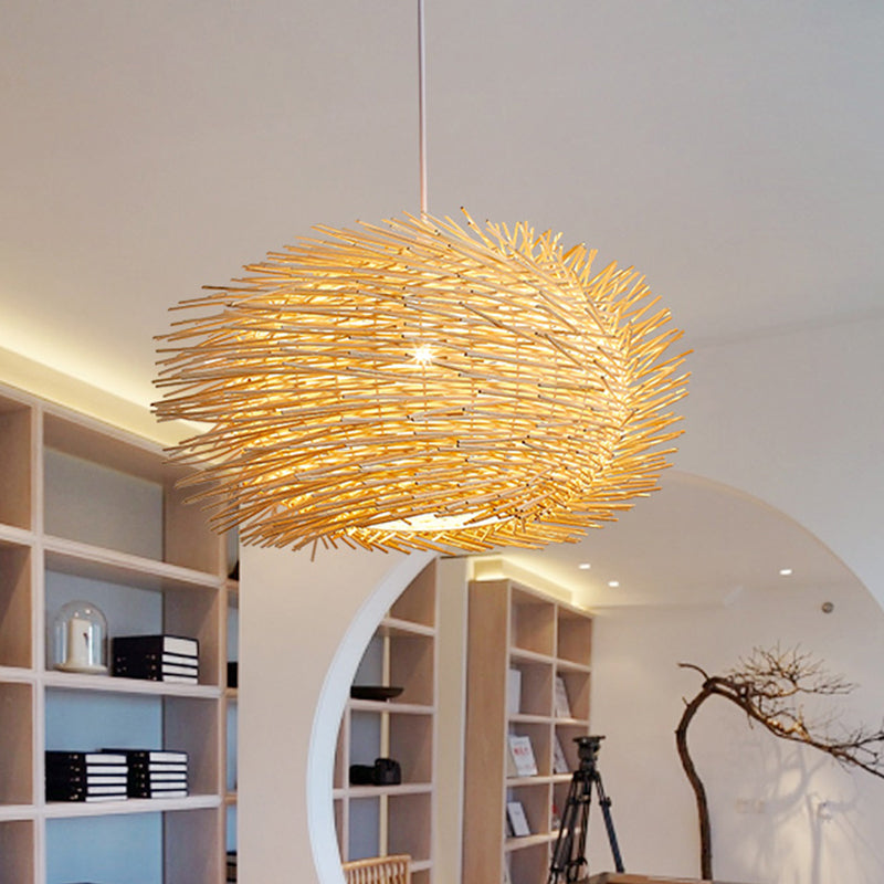 Lantern Bamboo Hanging Lamp Asian 1 Head Beige Pendant Light Fixture for Dining Room Beige Clearhalo 'Ceiling Lights' 'Pendant Lights' 'Pendants' Lighting' 369108_92035d42-9bce-4d64-805c-85006d5ed3f5