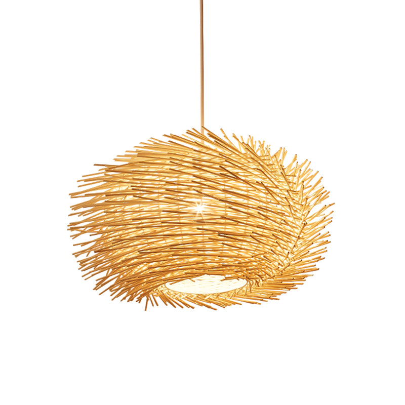 Lantern Bamboo Hanging Lamp Asian 1 Head Beige Pendant Light Fixture for Dining Room Clearhalo 'Ceiling Lights' 'Pendant Lights' 'Pendants' Lighting' 369110