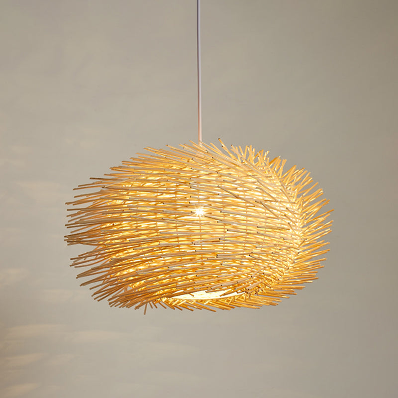 Lantern Bamboo Hanging Lamp Asian 1 Head Beige Pendant Light Fixture for Dining Room Clearhalo 'Ceiling Lights' 'Pendant Lights' 'Pendants' Lighting' 369111