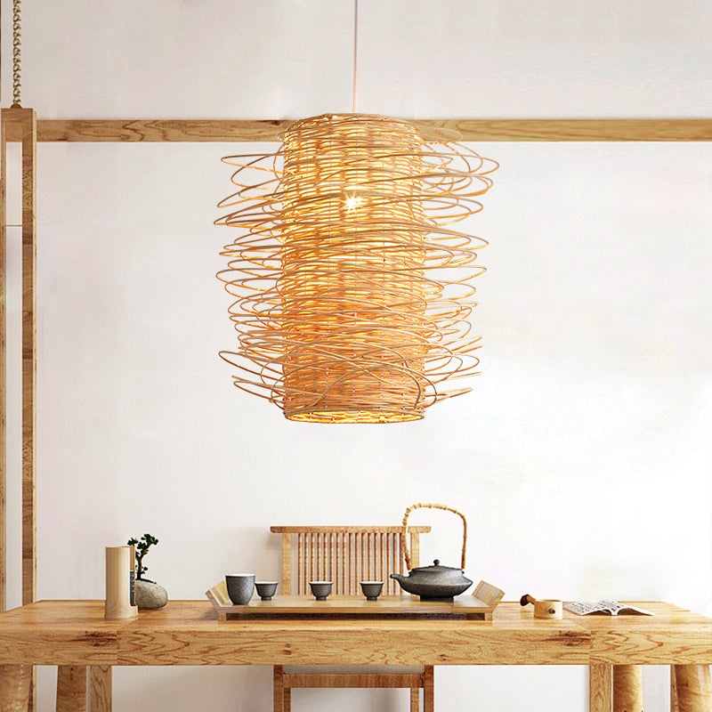 Japanese Cylindrical Pendant Lighting Rattan 1 Head Ceiling Suspension Lamp in Beige Clearhalo 'Ceiling Lights' 'Pendant Lights' 'Pendants' Lighting' 369113