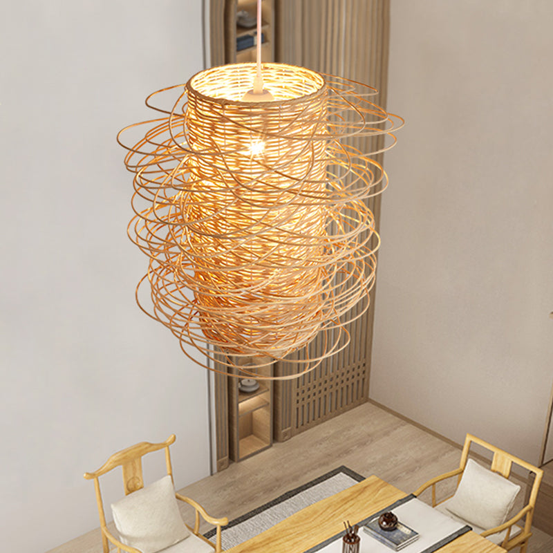 Japanese Cylindrical Pendant Lighting Rattan 1 Head Ceiling Suspension Lamp in Beige Clearhalo 'Ceiling Lights' 'Pendant Lights' 'Pendants' Lighting' 369114