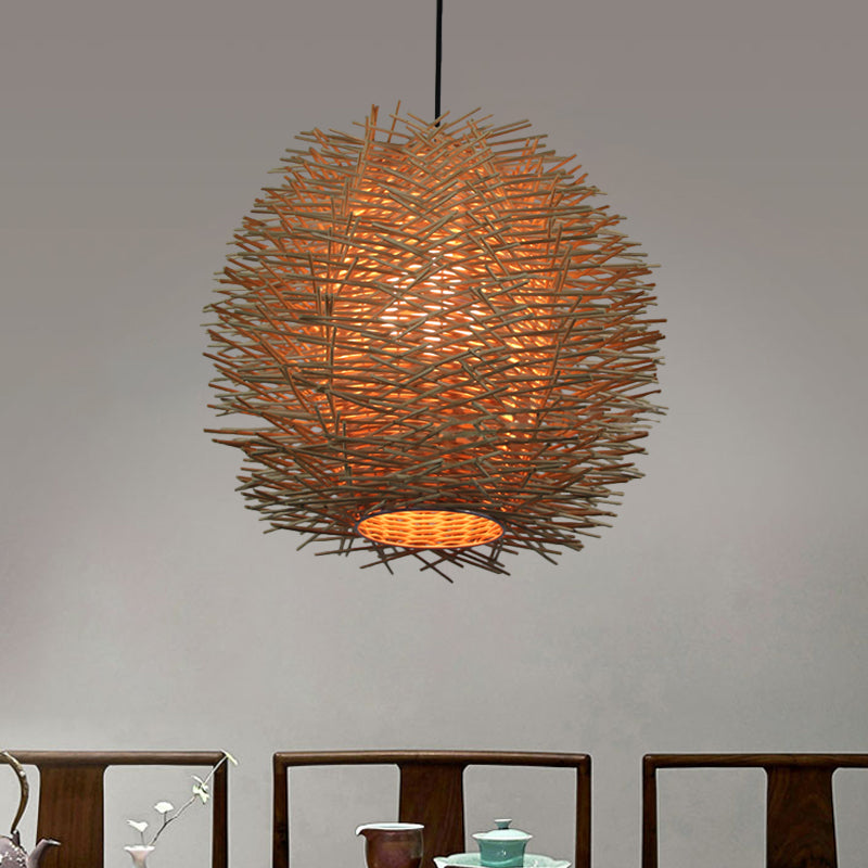 1 Bulb Handcrafted Ceiling Light Chinese Rattan Suspended Lighting Fixture in Beige Clearhalo 'Ceiling Lights' 'Pendant Lights' 'Pendants' Lighting' 369118