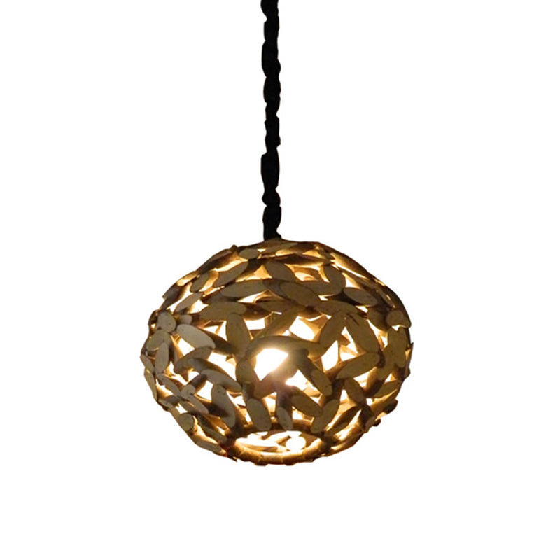 Sphere Wood Pendant Lamp Japanese 1 Head Brown Hanging Light Fixture for Bedroom Clearhalo 'Ceiling Lights' 'Pendant Lights' 'Pendants' Lighting' 369134