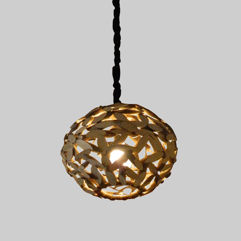 Sphere Wood Pendant Lamp Japanese 1 Head Brown Hanging Light Fixture for Bedroom Clearhalo 'Ceiling Lights' 'Pendant Lights' 'Pendants' Lighting' 369135